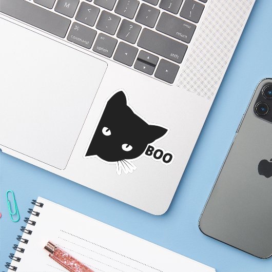 Black cat boo Halloween gift cats Sticker (Laptop met iPhone)