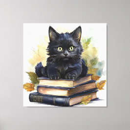 Black Cat Book Stack Canvas Afdruk