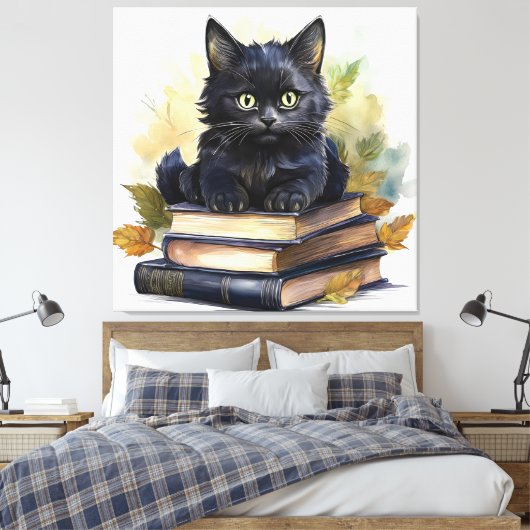 Black Cat Book Stack Canvas Afdruk (Insitu (Slaapkamer))