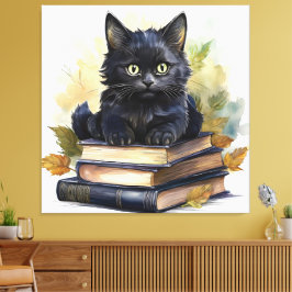 Black Cat Book Stack Canvas Afdruk