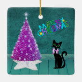  Black Cat Bow by Pink Tree Teal Merry Christmas Keramisch Ornament (Achterkant)