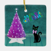  Black Cat Bow by Pink Tree Teal Merry Christmas Keramisch Ornament (Voorkant)