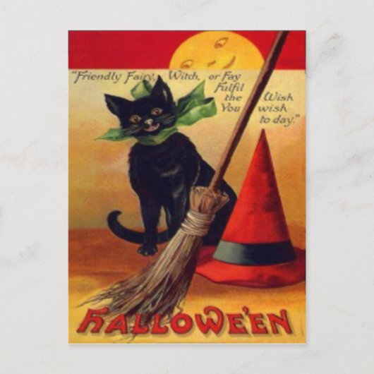 Black Cat Broom Pet Full Moon Briefkaart (Voorkant)