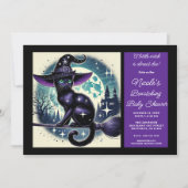 Black Cat Broom Witch Magic Halloween Baby shower Kaart (Voorkant)