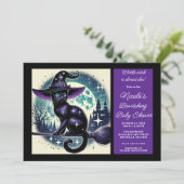 Black Cat Broom Witch Magic Halloween Baby shower Kaart (Staand voorkant)
