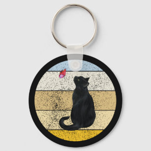 Black Cat Butterfly Retro Sunset Sleutelhanger