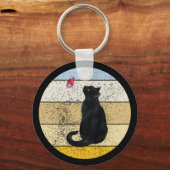 Black Cat Butterfly Retro Sunset Sleutelhanger (Voorkant)