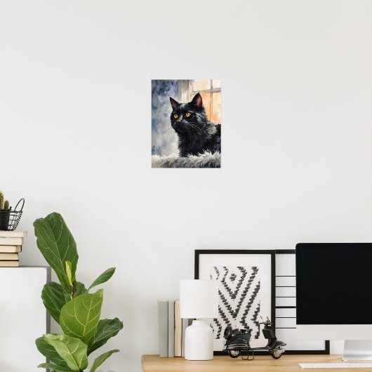 Black Cat by Window Art Print Cozy Feline Wall Art (Thuiskantoor)