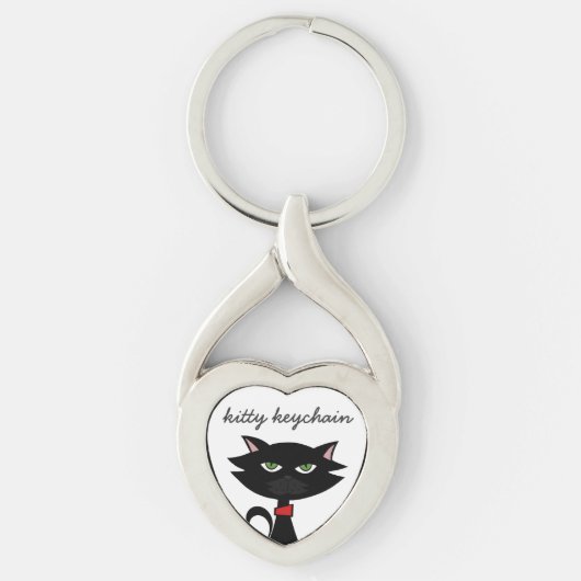 Black Cat Cartoon Leuk Kat Hart Sleutelhanger (Voorkant)