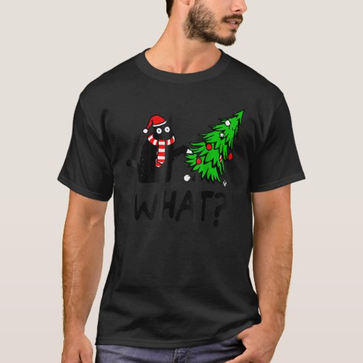 Black Cat Cat Gift Pushing kerstboom over kat Wha T-shirt (Voorkant)