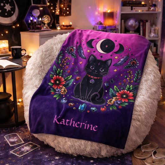 Black Cat Celestial Mystical Purple Pink Fleece Deken