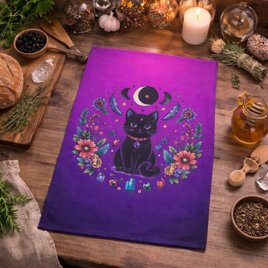 Black Cat Celestial Mystical Purple Pink Theedoek
