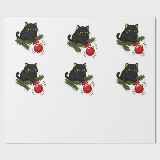 Black Cat Christmas Bauble Funny Cat Pattern Cadeaupapier (Vlak)