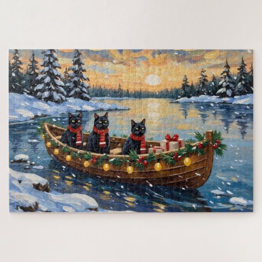 Black Cat Christmas Boat Holiday Legpuzzel (Horizontaal)