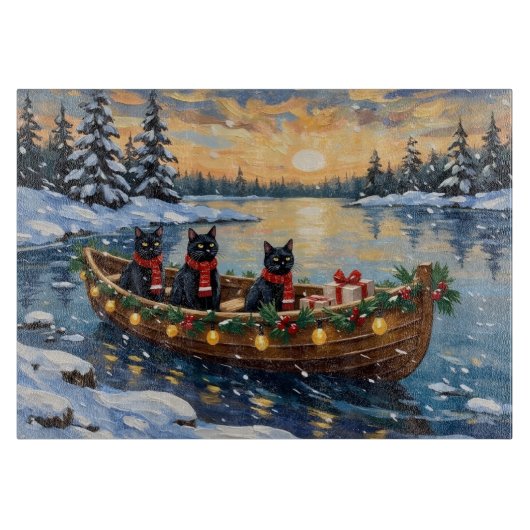 Black Cat Christmas Boat Holiday Snijplank (Voorkant)