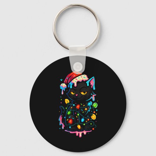 Black Cat Christmas Ice Cream Drip Santa Hat Cute  Sleutelhanger (Voorkant)