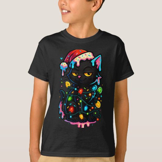 Black Cat Christmas Ice Cream Drip Santa Hat Cute  T-shirt (Voorkant)