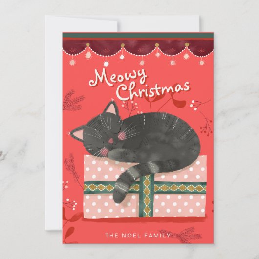 Black Cat Christmas Illustration Flat Holiday Kaar Feestdagenkaart (Voorkant)