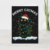 Black Cat Christmas Light Cat Wearing Santa Hat Me Kaart (Voorkant)
