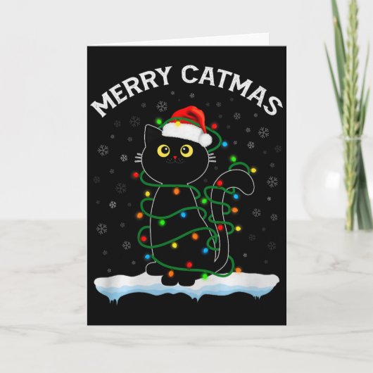 Black Cat Christmas Light Cat Wearing Santa Hat Me Kaart (Voorkant)