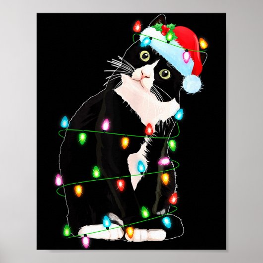 Black Cat Christmas Lights Funny Santa Hat Black C Poster (Voorkant)