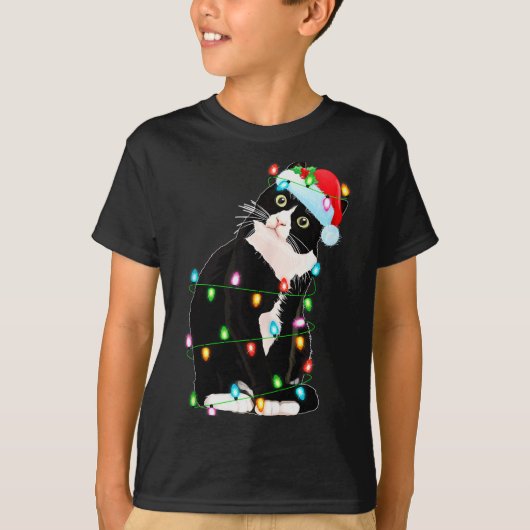 Black Cat Christmas Lights Funny Santa Hat Black C T-shirt (Voorkant)