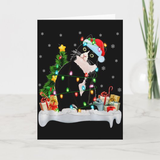 Black Cat Christmas Lights Santa Hat Black Cat Lov Kaart (Voorkant)