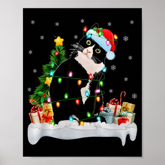 Black Cat Christmas Lights Santa Hat Black Cat Lov Poster (Voorkant)