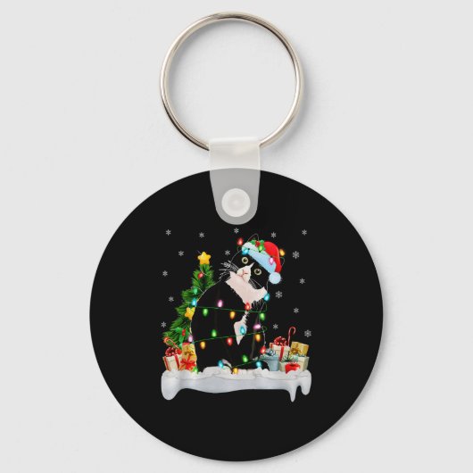 Black Cat Christmas Lights Santa Hat Black Cat Lov Sleutelhanger (Voorkant)