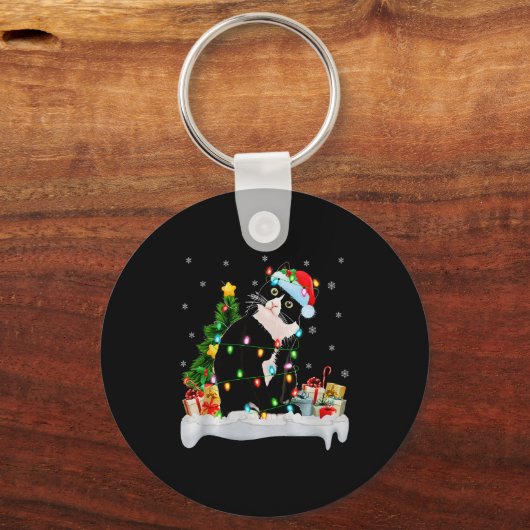 Black Cat Christmas Lights Santa Hat Black Cat Lov Sleutelhanger (Voorkant)
