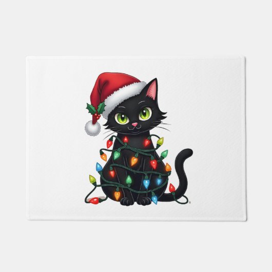 Black Cat Christmas Lights Santa Hat Funny Xmas Ca Deurmat (Voorkant)