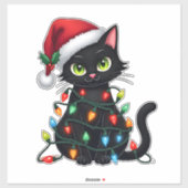 Black Cat Christmas Lights Santa Hat Funny Xmas Ca Sticker (Vel)