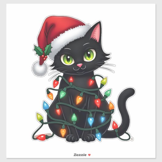Black Cat Christmas Lights Santa Hat Funny Xmas Ca Sticker (Vel)