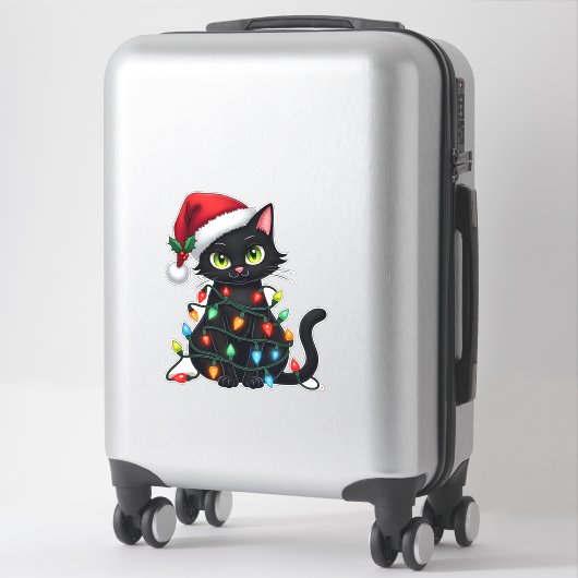 Black Cat Christmas Lights Santa Hat Funny Xmas Ca Sticker (Koffer)