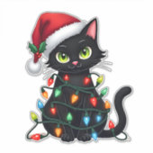 Black Cat Christmas Lights Santa Hat Funny Xmas Ca Sticker (Voorkant)