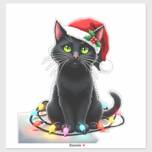Black Cat Christmas Lights Santa Hat Funny Xmas Ca Sticker (Vel)