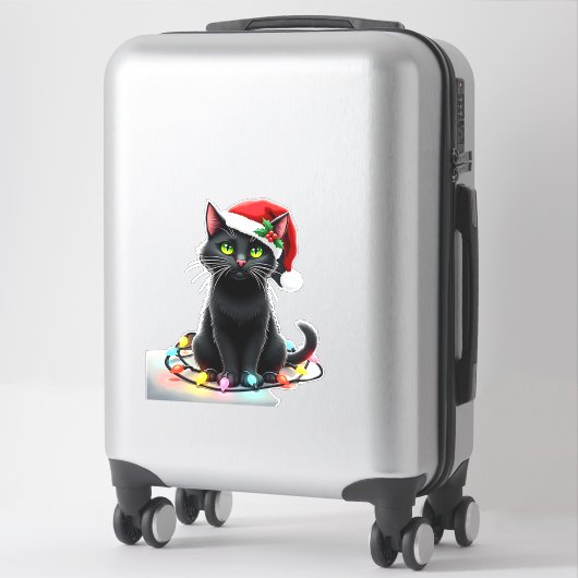 Black Cat Christmas Lights Santa Hat Funny Xmas Ca Sticker (Koffer)