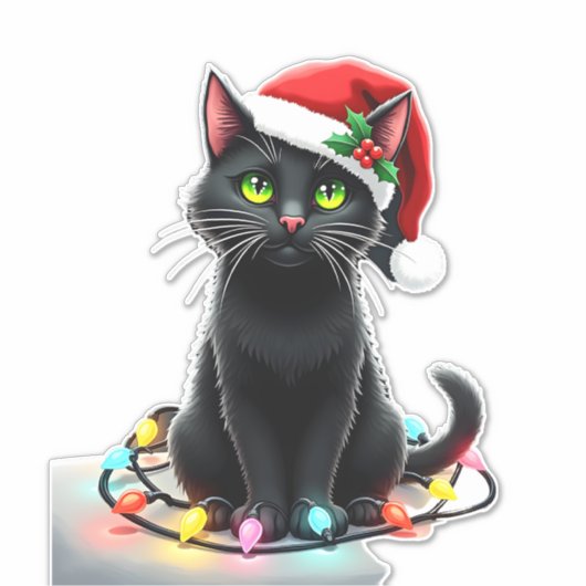 Black Cat Christmas Lights Santa Hat Funny Xmas Ca Sticker (Voorkant)