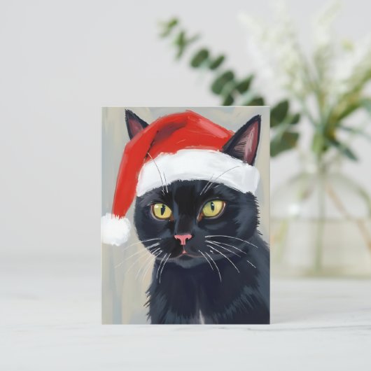 Black Cat Christmas Painting Santa Hat Feestdagenkaart (Staand voorkant)