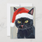 Black Cat Christmas Painting Santa Hat Feestdagenkaart (Voorkant)