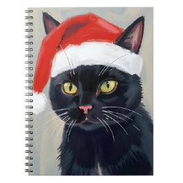 Black Cat | Christmas Painting Santa Hat Notitieboek