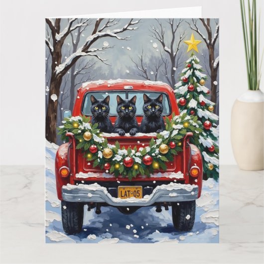 Black Cat Christmas Red Truck Holiday Kaart (Voorkant)