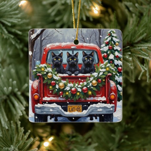 Black Cat Christmas Red Truck Holiday Keramisch Ornament (Boom)