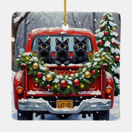 Black Cat Christmas Red Truck Holiday Keramisch Ornament (Achterkant)