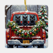 Black Cat Christmas Red Truck Holiday Keramisch Ornament (Voorkant)