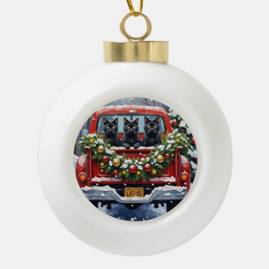 Black Cat Christmas Red Truck Holiday Keramische Bal Ornament (Voorkant)