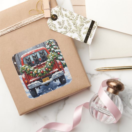 Black Cat Christmas Red Truck Holiday Vierkante Sticker (Geschenken)