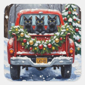 Black Cat Christmas Red Truck Holiday Vierkante Sticker (Voorkant)