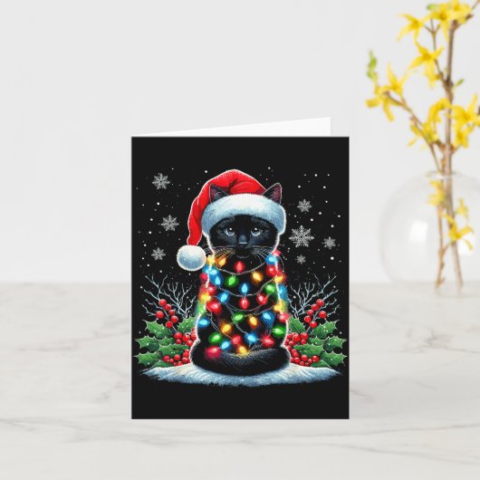 Black Cat Christmas Santa Hat Funny Meowy Cat  Kaart (Gele Bloem)
