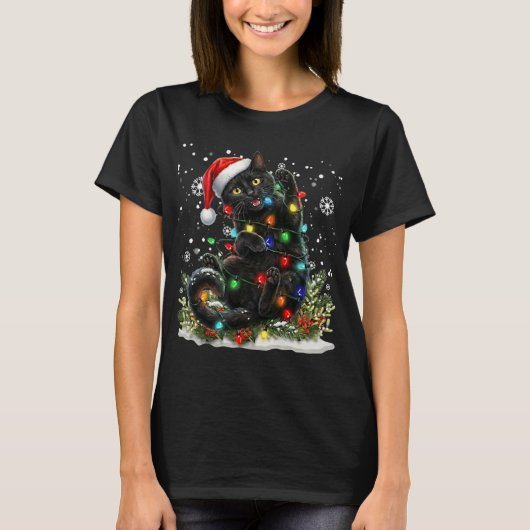 Black Cat Christmas Santa Hat Funny Meowy Catmas T-shirt (Voorkant)